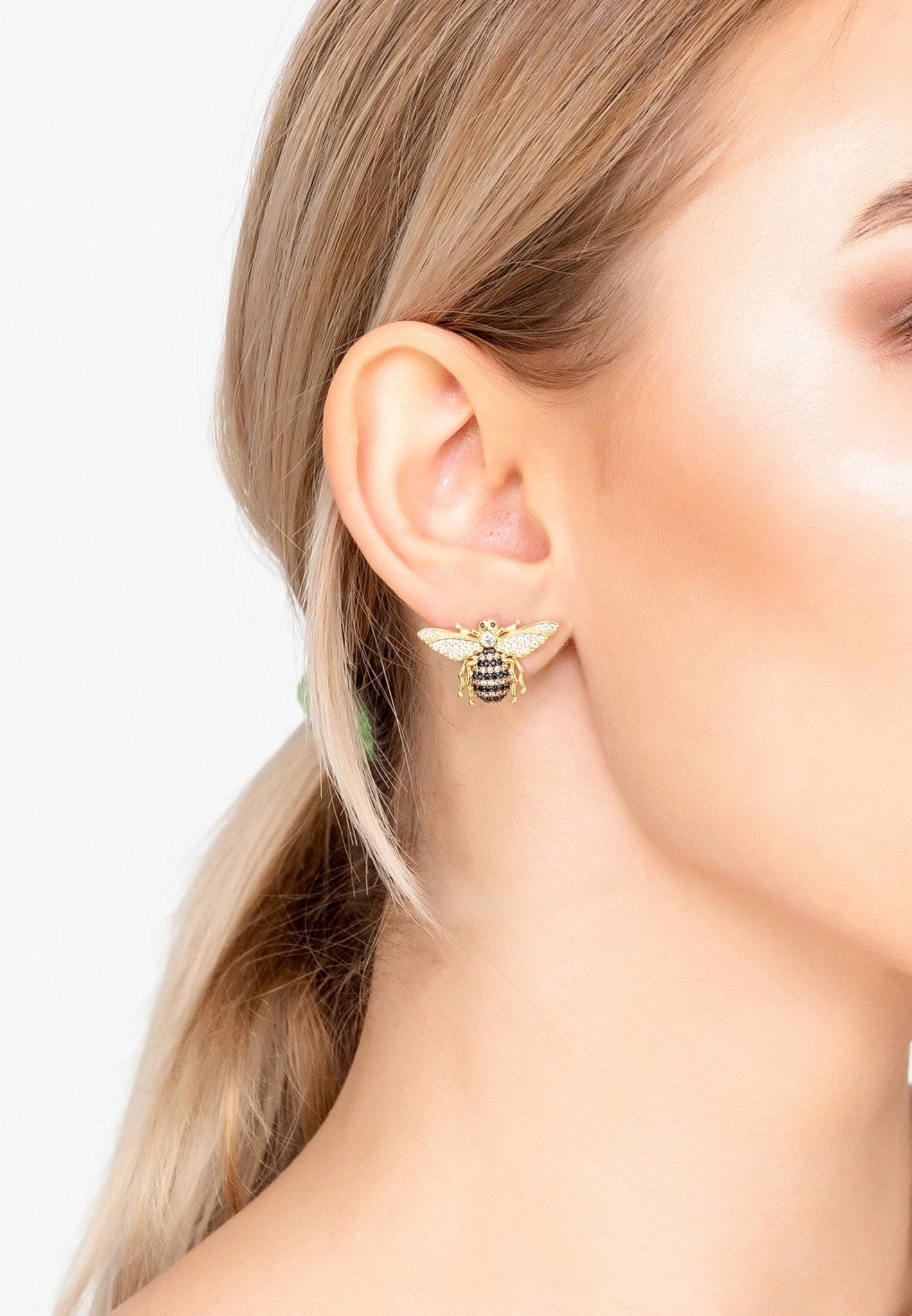 Honey Bee Stud Earrings Gold - Sparkly, Symbol of Hope & Abundance - Desire & Hope