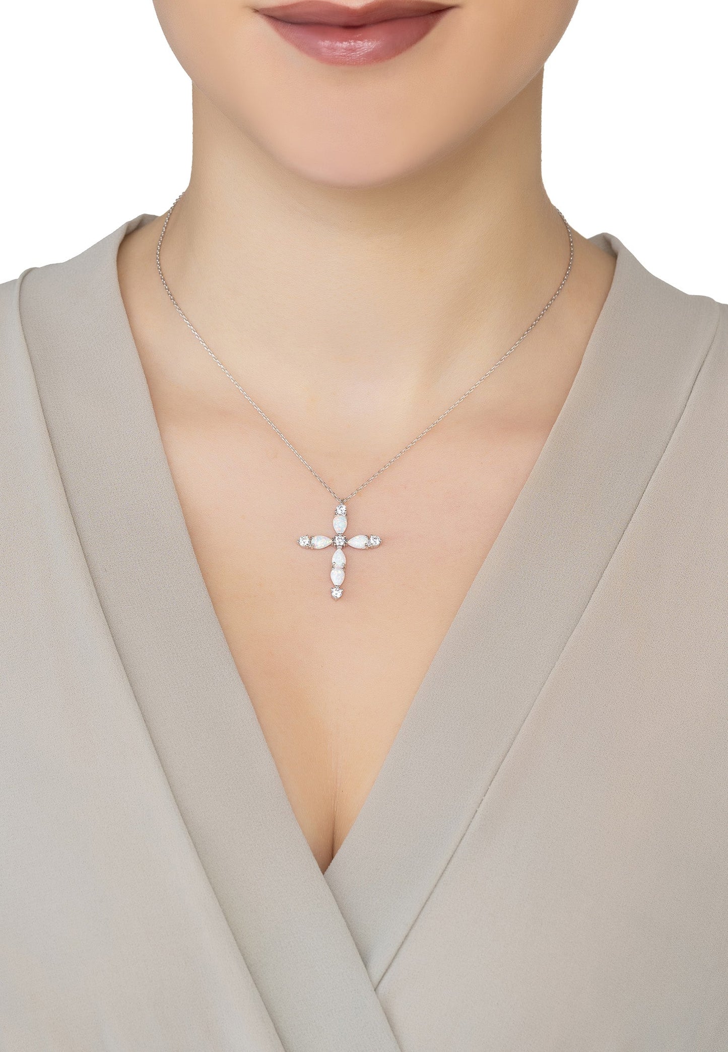 Opal and Sparkle Cross Pendant Necklace Silver - Timeless Faith and Modern Radiance - Desire & Hope